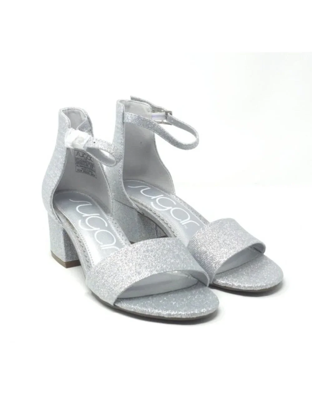 Sugar Noelle Silver Glitter Ankle Strap Block Heel Sandals Size 6M